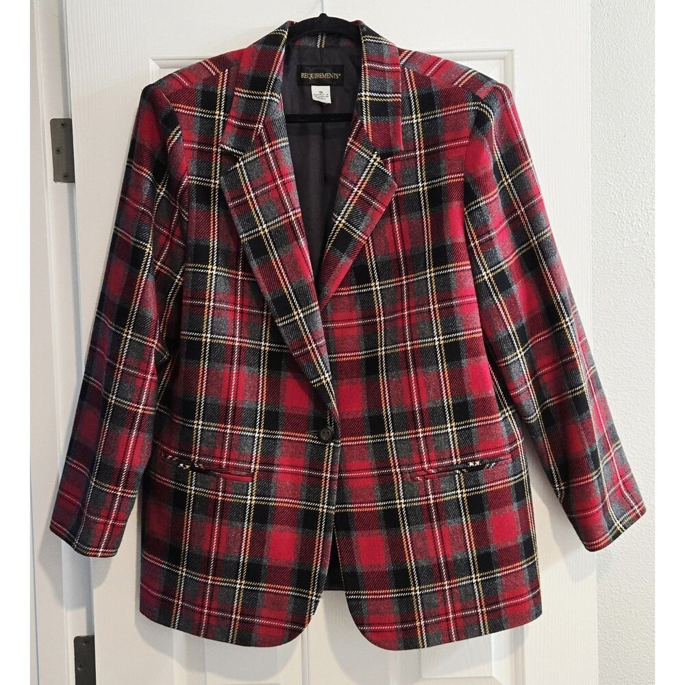 Requirements Vintage Red Tartan Plaid Blazer Single Button Suit Jacket Size 16